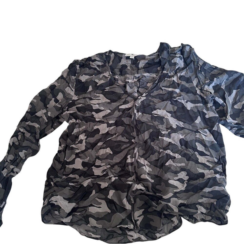 Joie Womens Grey Camo Print Viscose Blouse Bell Sleeve V-Neck Top Size M‎